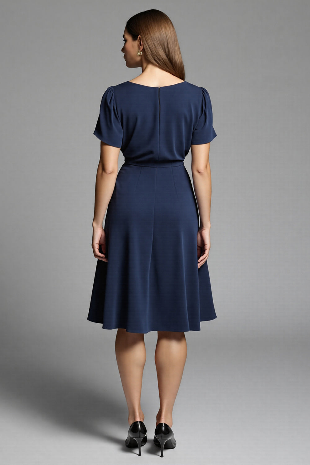 Navy Simple A Line Short Sleeves Midi Work Dress