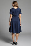 Navy Simple A Line Short Sleeves Midi Work Dress