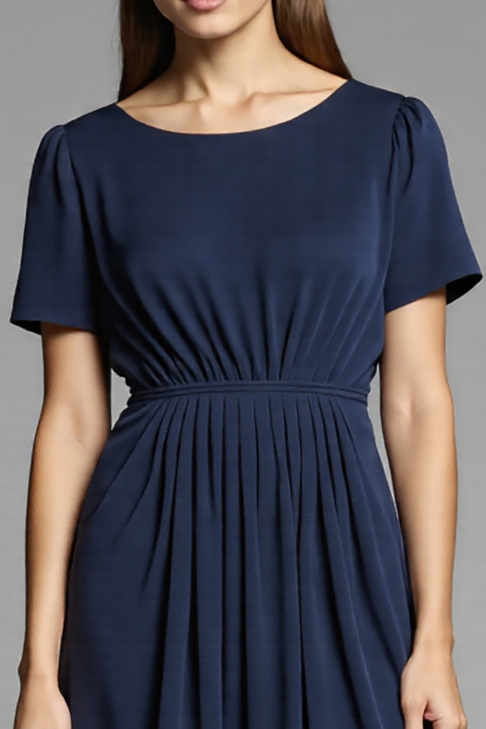 Navy Simple A Line Short Sleeves Midi Work Dress
