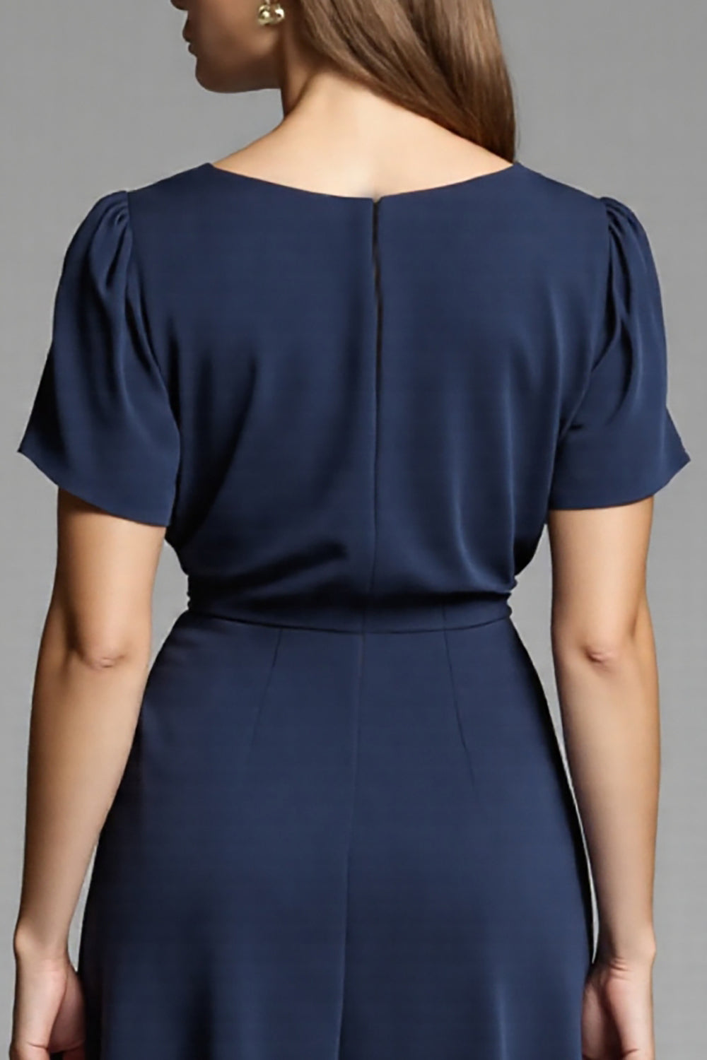Navy Simple A Line Short Sleeves Midi Work Dress