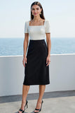 Ivory and Black Square Neck Midi Short Sleeves Work Dress