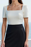 Ivory and Black Square Neck Midi Short Sleeves Work Dress
