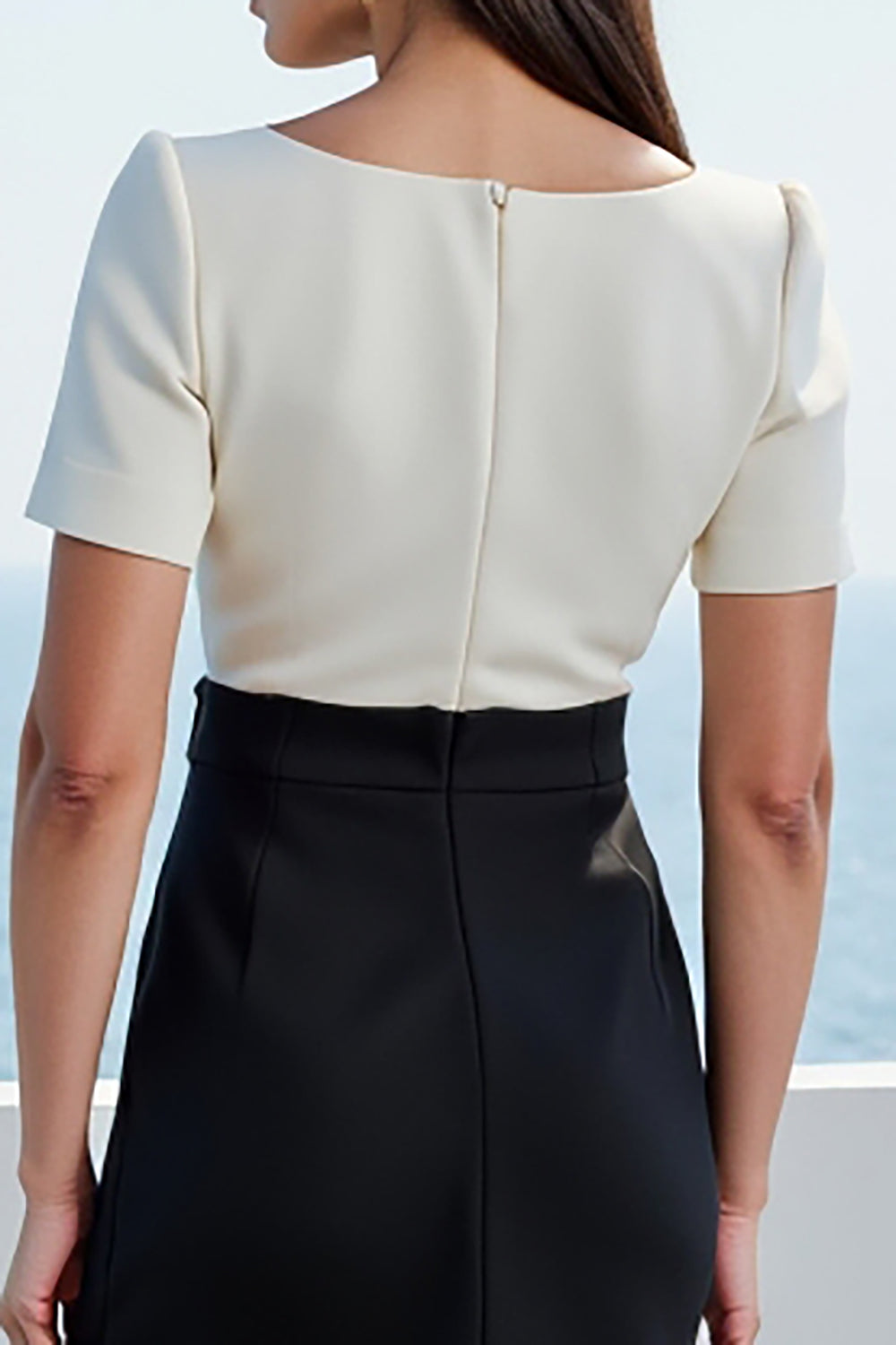 Ivory and Black Square Neck Midi Short Sleeves Work Dress