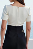 Ivory and Black Square Neck Midi Short Sleeves Work Dress