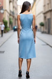 Sky Blue Bodycon Midi Ruched Work Dress with Drape