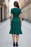 Dark Green Satin Ruched A Line Short Sleeves V Neck Midi Work Dress with Drape