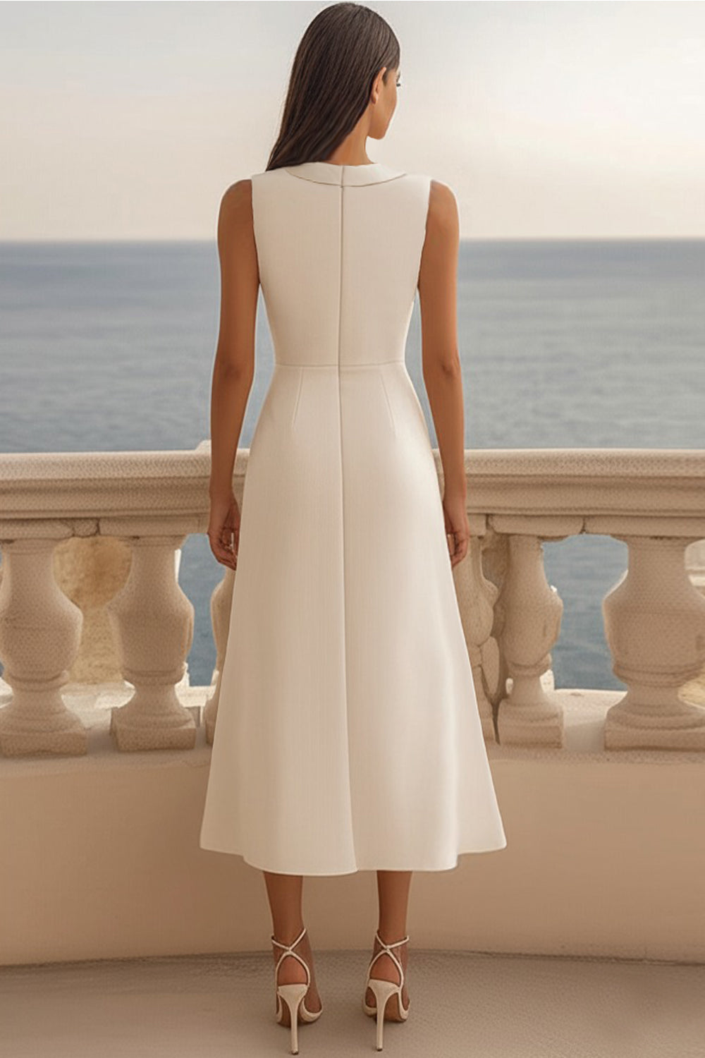 Ivory Satin Shawl Lapel Midi Work Dress with Slit