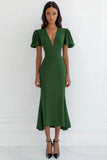 Green V-Neck Sheath Midi Formal Dress with Ruffles