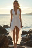 White A-Line High-Low V-Neck Boho Dress With Pleats