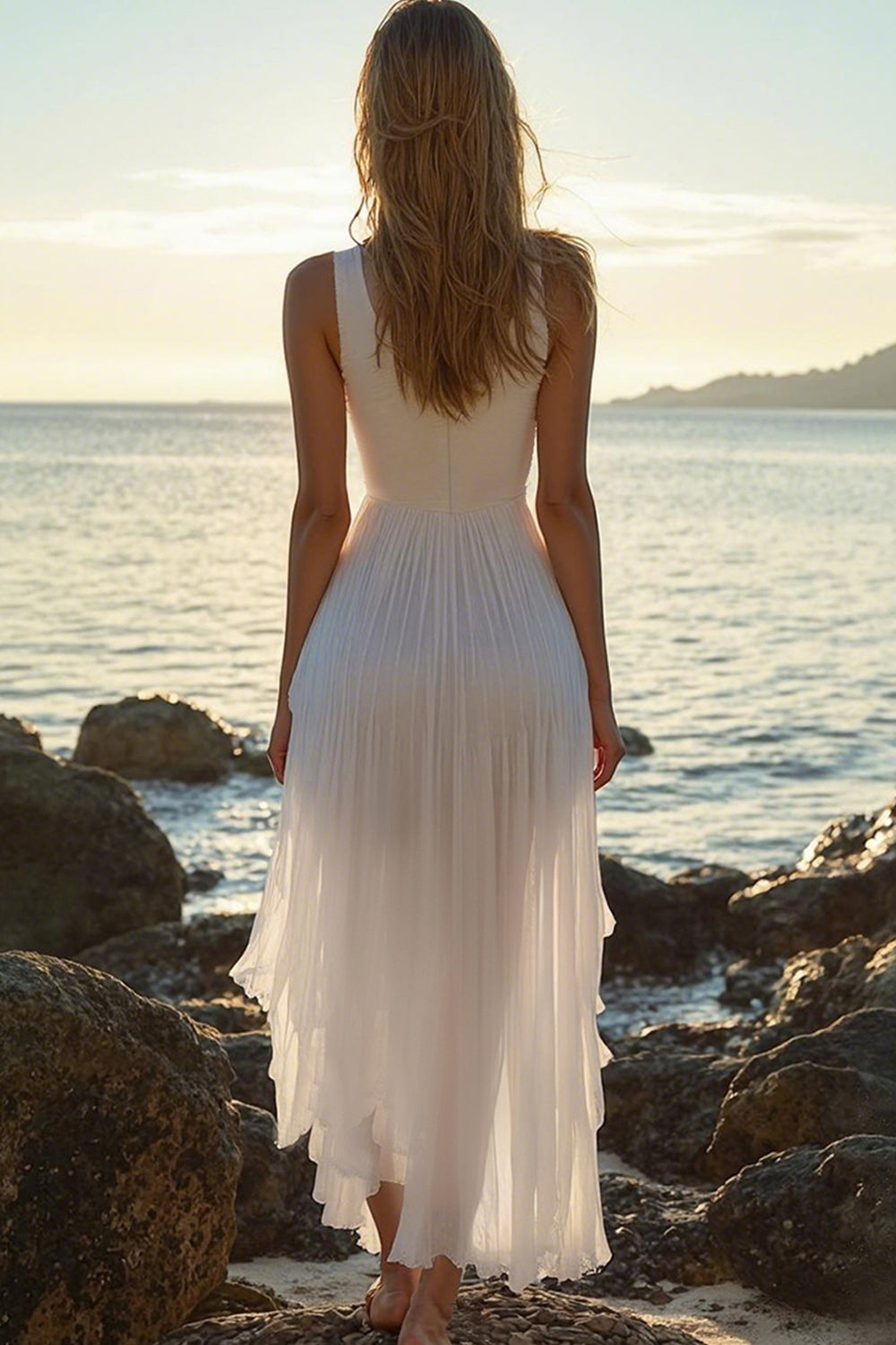 White A-Line High-Low V-Neck Boho Dress With Pleats