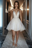 Ivory Glitter A Line V Neck Short Graduation Dress