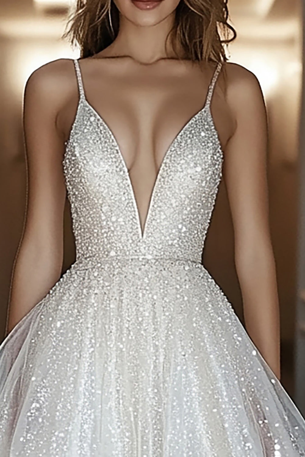 Ivory Glitter A Line V Neck Short Graduation Dress