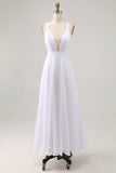 A Line Spaghetti Straps Chiffon White Long Holiday Dress