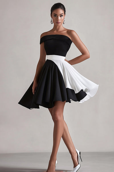 Zapaka Women Satin Graduation Dress One Shoulder A Line Simple Little Black Dress, Black White / US24W