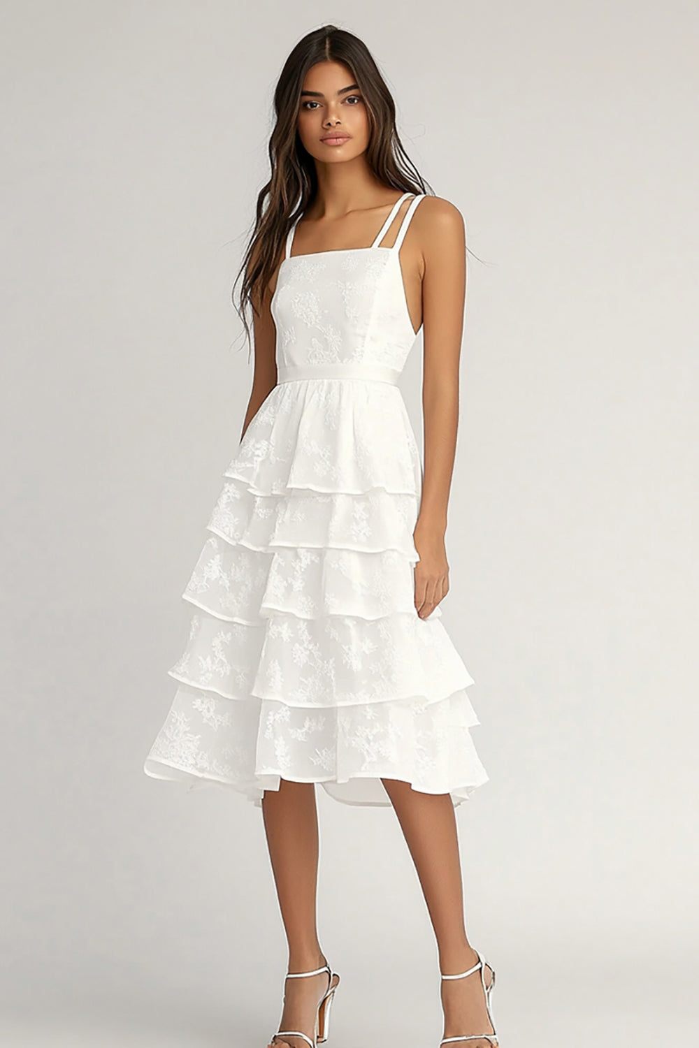 A Line Ivory Tiered Chiffon Graduation Dress with Lace