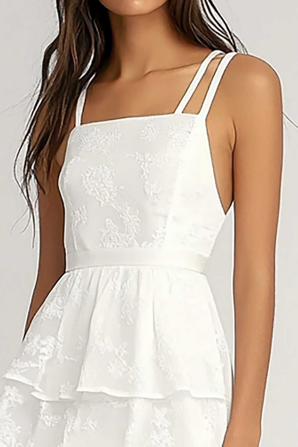 A Line Ivory Tiered Chiffon Graduation Dress with Lace
