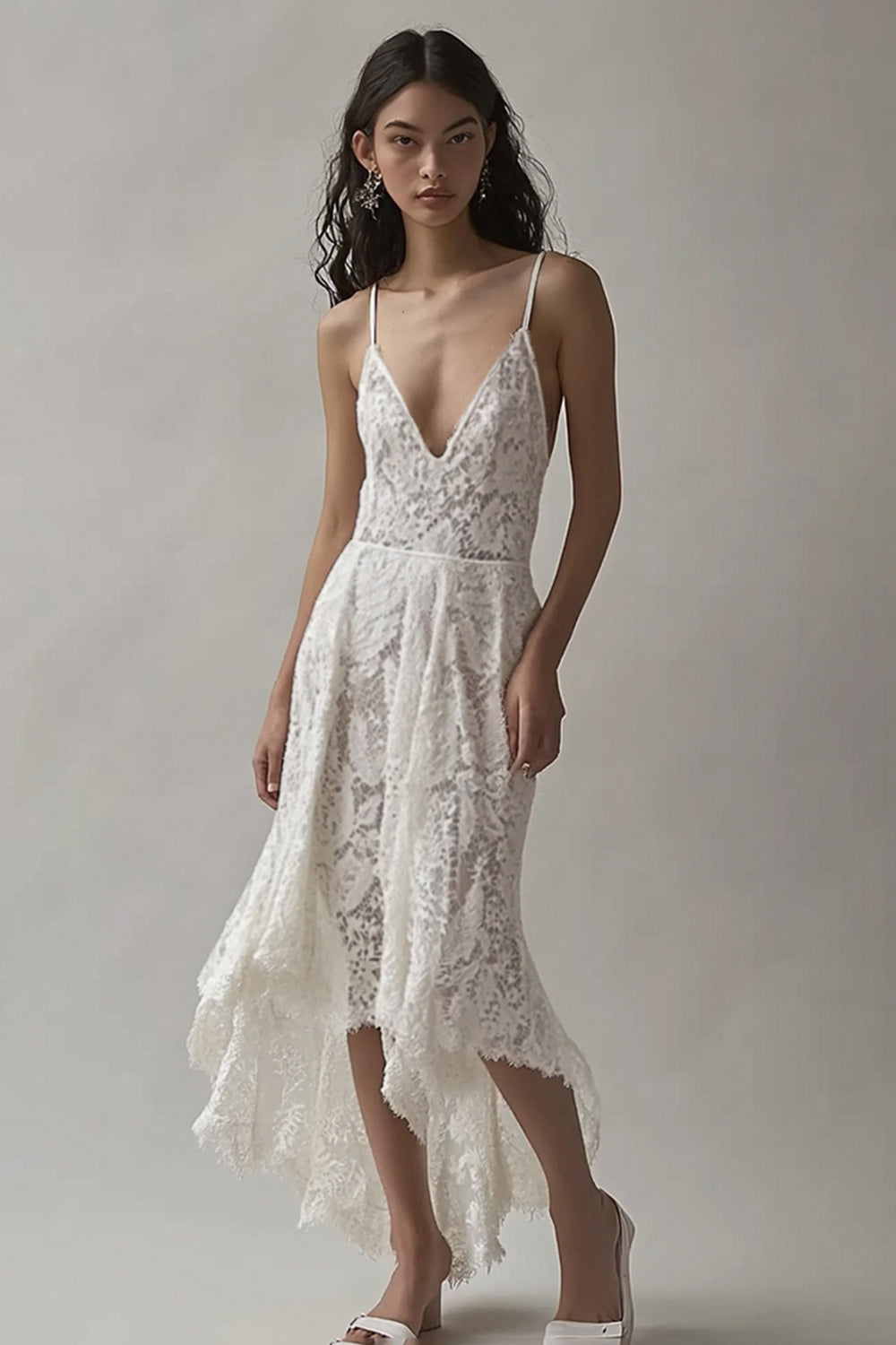 Ivory Lace High-Low Mermaid Engagement Dress
