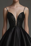 Sparkly A Line Satin Little Black Dress with Beading