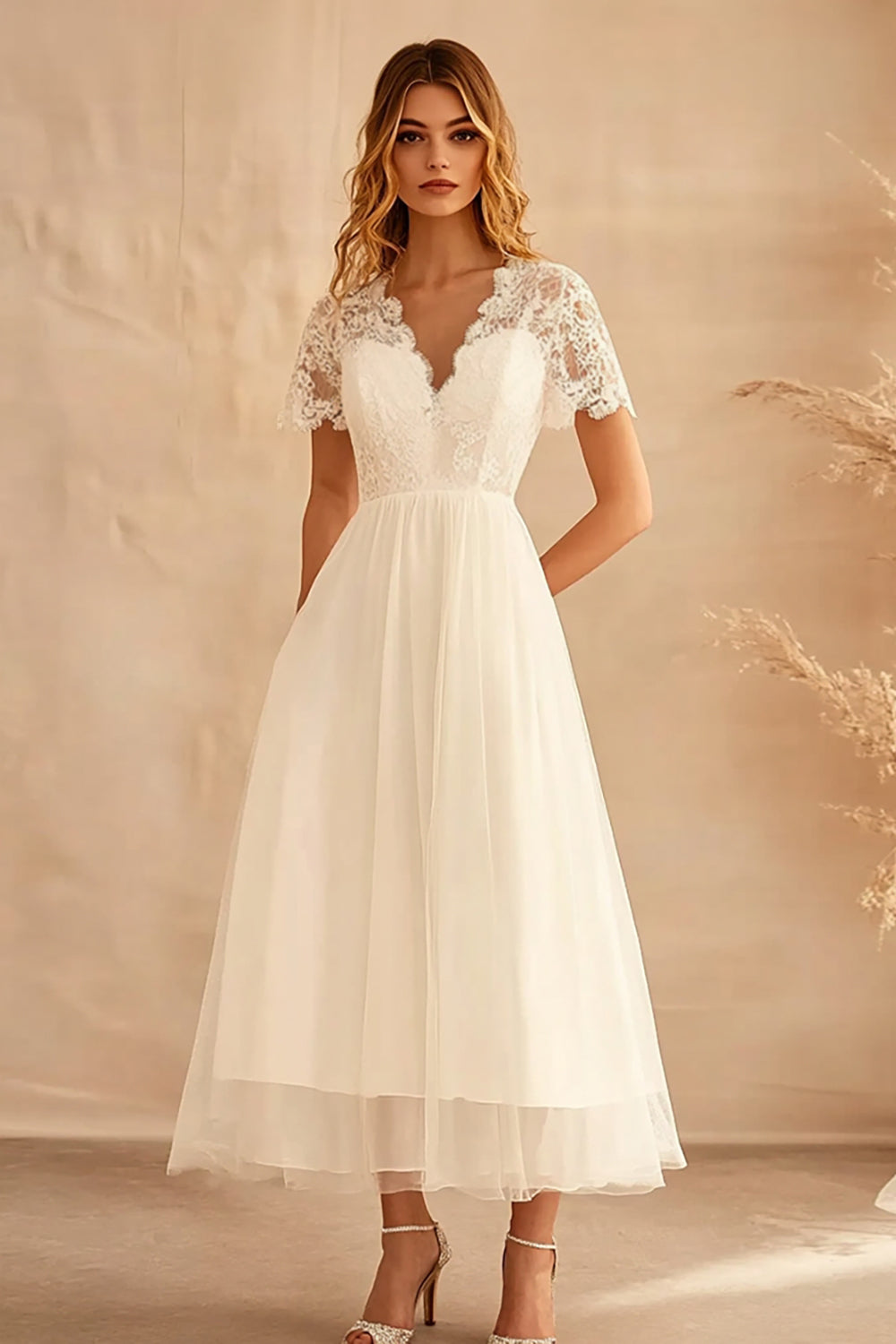 A Line V Neck Ivory Boho Dress With Lace