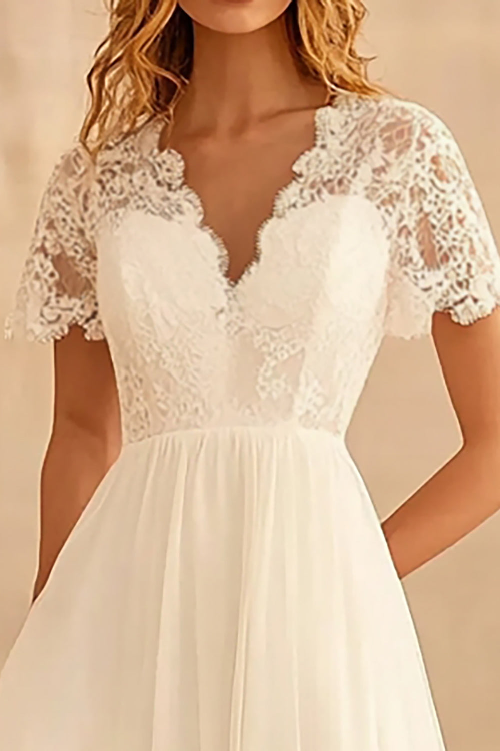 A Line V Neck Ivory Boho Dress With Lace