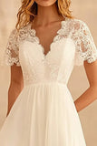 A Line V Neck Ivory Boho Dress With Lace