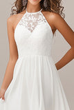 Halter A Line White Chiffon Wedding Dress with Lace
