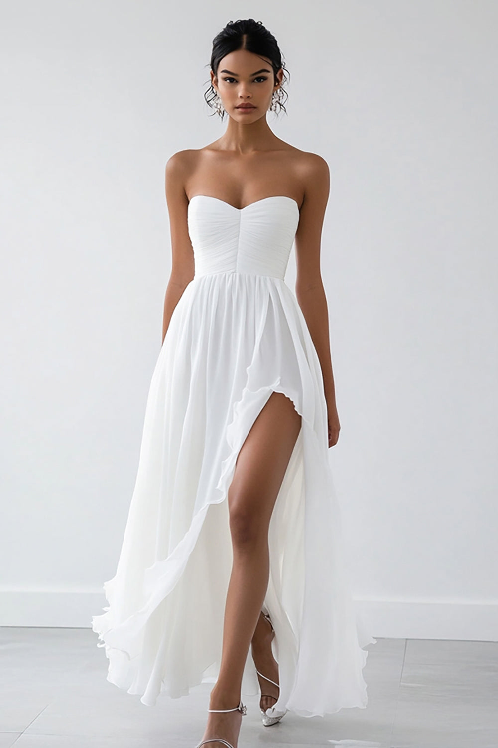 Strapless A Line White Graduation Dress With Slit