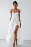 Strapless A Line White Graduation Dress With Slit
