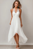 Halter A Line White Chiffon High-Low Graduation Dress