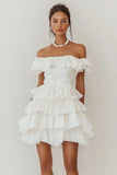 Off The Shoulder Tiered A Line White Graduation Dress