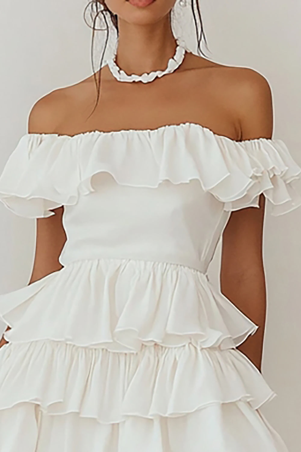 Off The Shoulder Tiered A Line White Graduation Dress