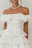 Off The Shoulder Tiered A Line White Graduation Dress