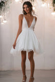 A Line Tulle White V Neck Graduation Dress