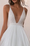 A Line Tulle White V Neck Graduation Dress