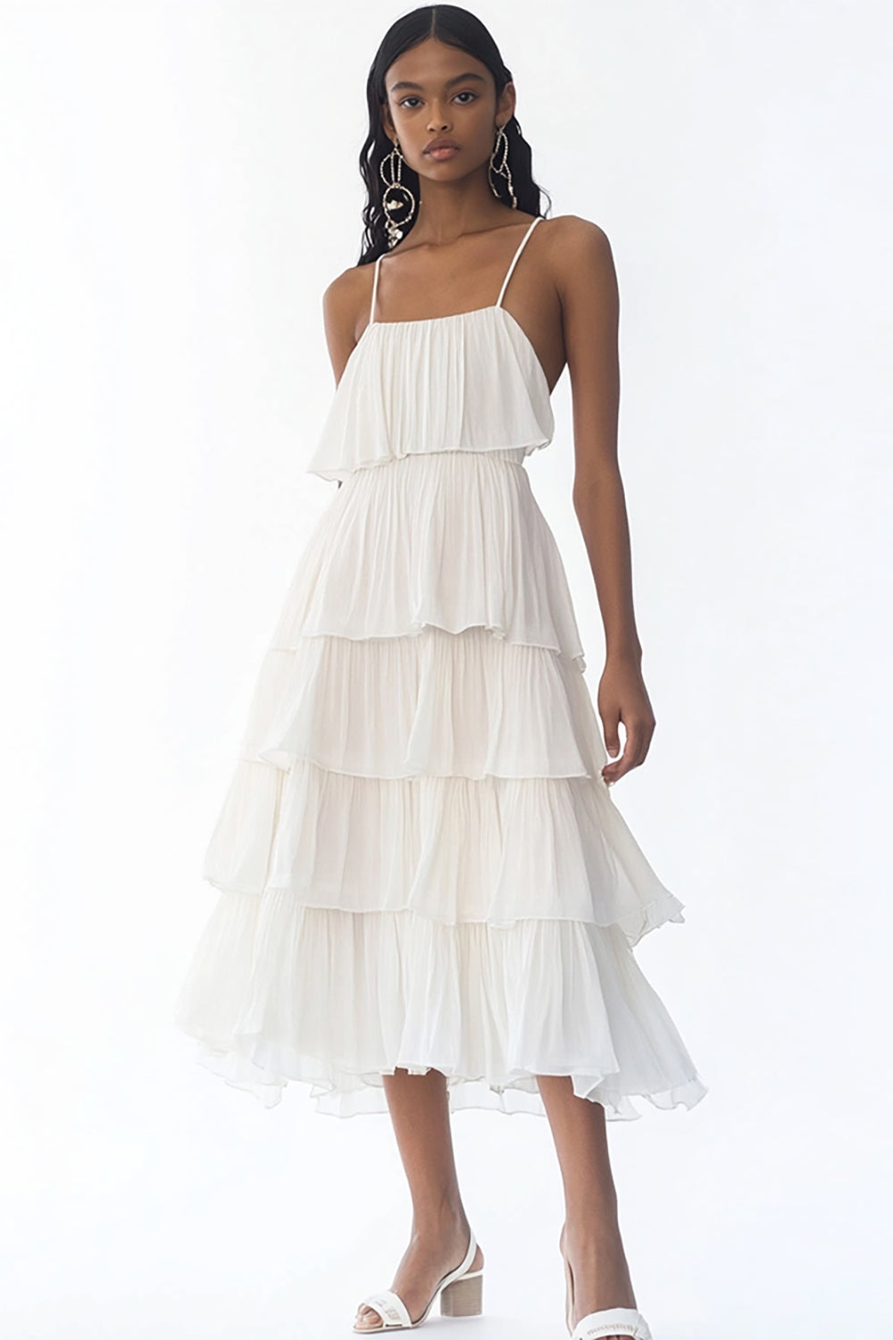 White A Line Tiered Midi Graduation Dress