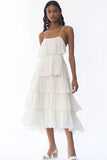 White A Line Tiered Midi Graduation Dress