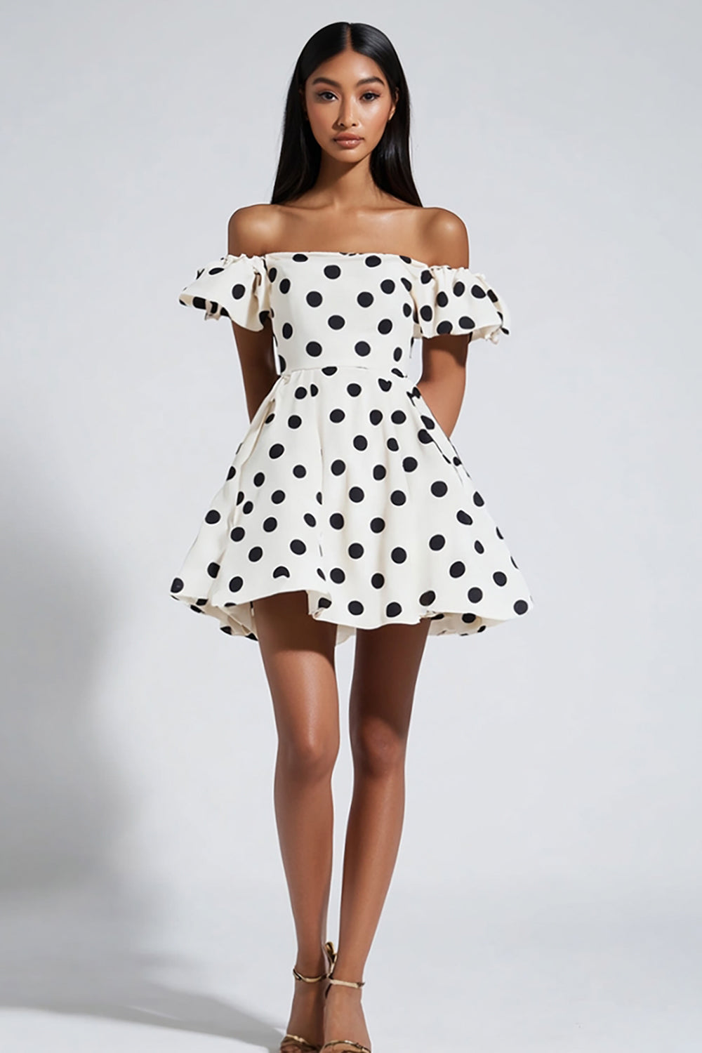 Off The Shoulder Black Dots White Mini Dress