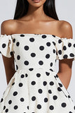 Off The Shoulder Black Dots White Mini Dress