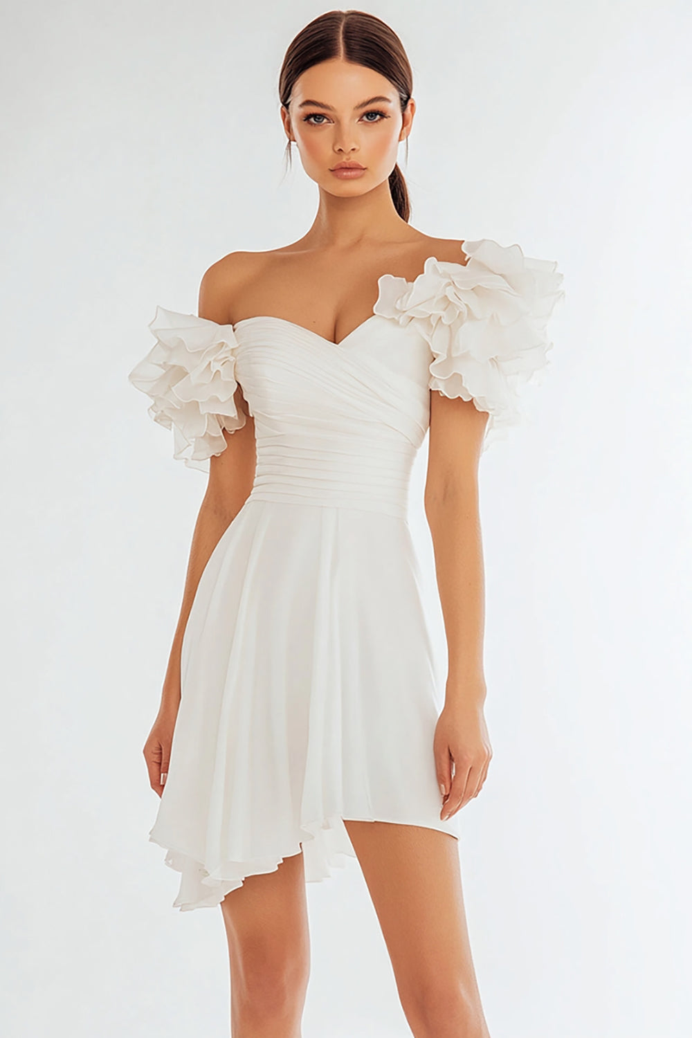 Off The Shoulder Ruffled Asymmetrical Ivory Graduation Dress