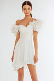 Off The Shoulder Ruffled Asymmetrical Ivory Graduation Dress