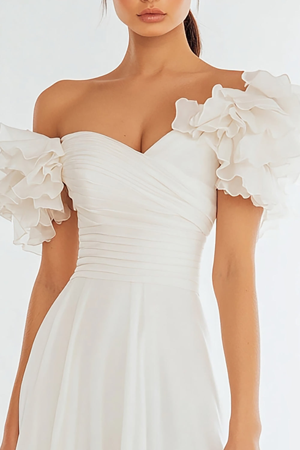 Off The Shoulder Ruffled Asymmetrical Ivory Graduation Dress