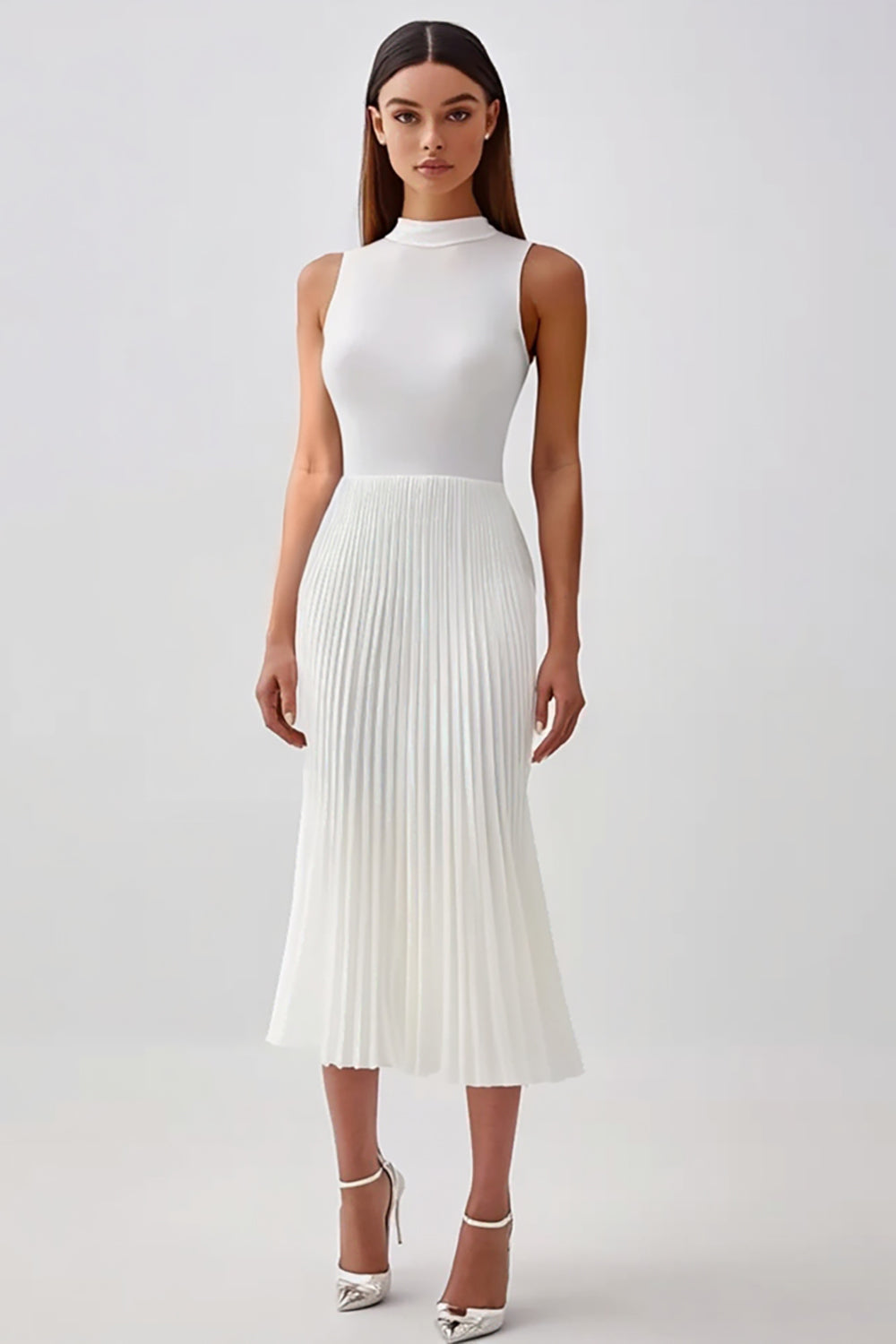 Halter Pleated White Midi Graduation Dress