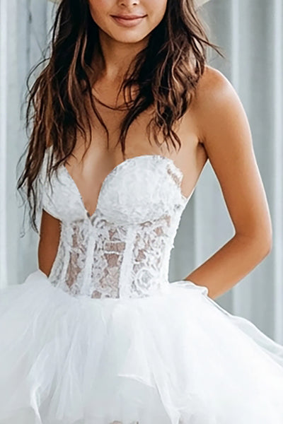 ZAPAKA Women White Wedding Dress Strapless Corset Lace Tulle Asymmetrical Bridal Dress ZAPAKA Women White Wedding Dress Strapless Corset Lace Tulle Asymmetrical Bridal Dress