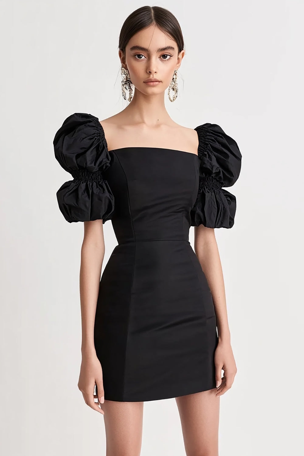 Sheath Square Neck Little Black Dress with Puff Sleeves