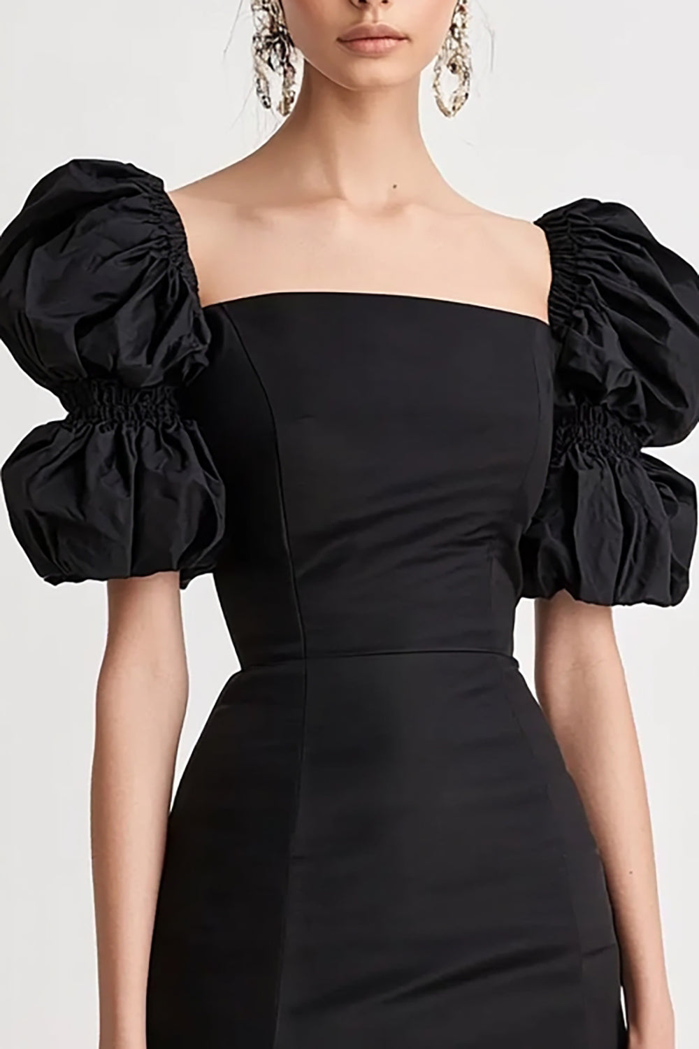 Sheath Square Neck Little Black Dress with Puff Sleeves