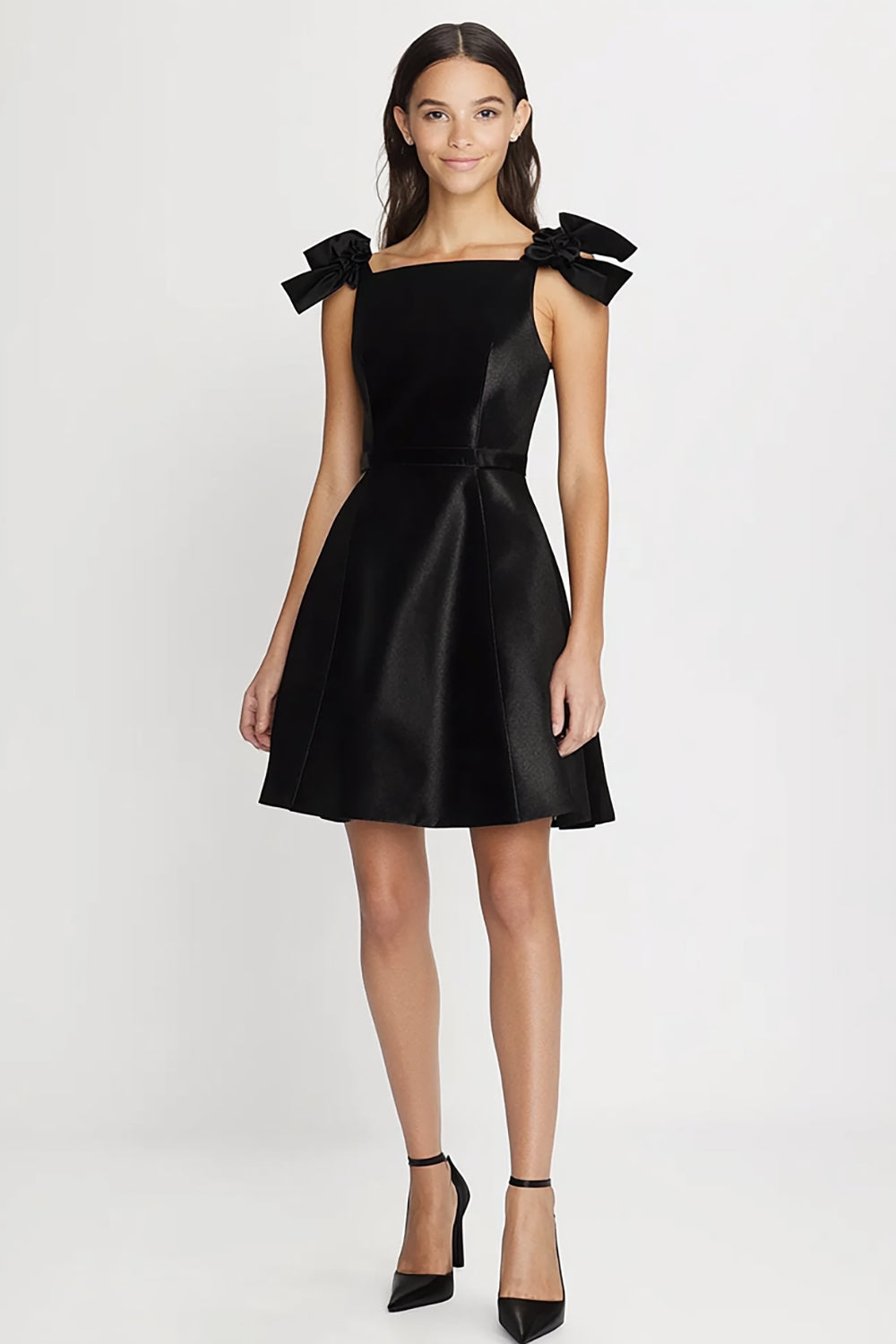 Simple A Line Satin Little Black Dress with Bows