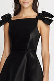 Simple A Line Satin Little Black Dress with Bows