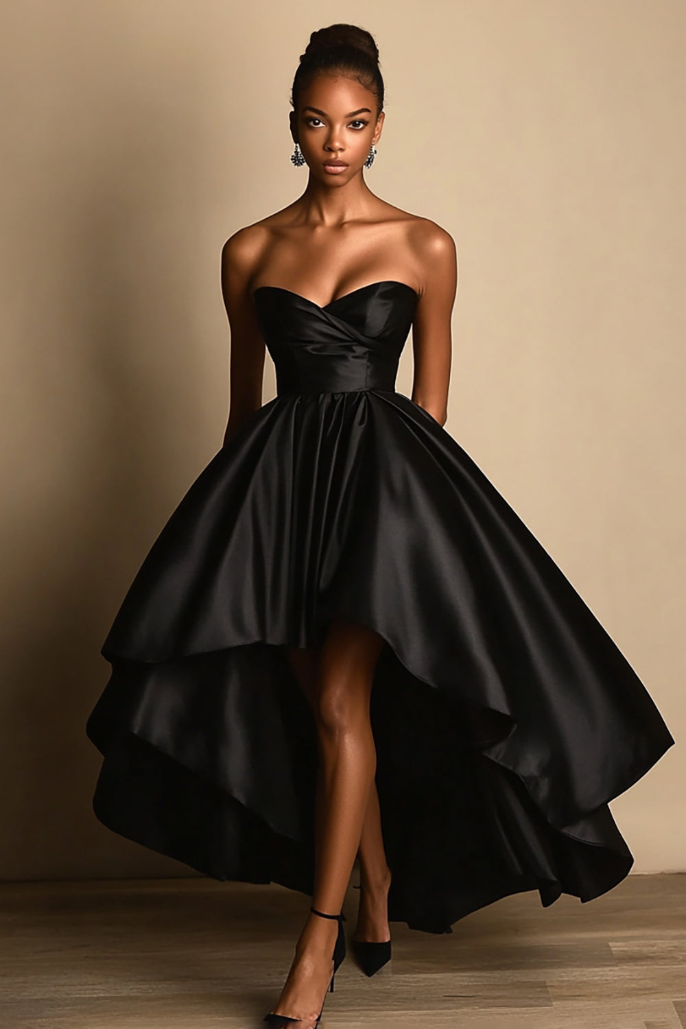 Strapless Satin High-Low Black Prom Dress