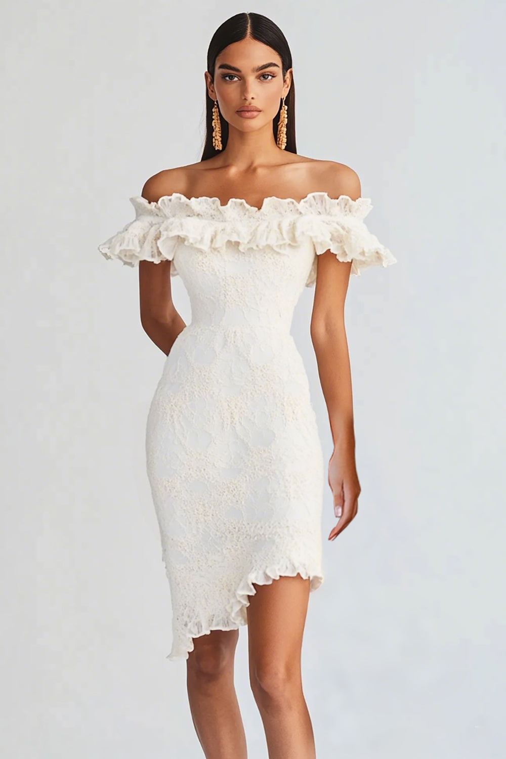 Off The Shoulder White Ruffled Bodycon Graduation Dress