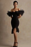 Black Satin Off the Shoulder Ruffled Graduation Dress